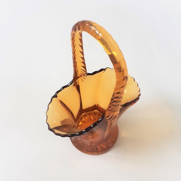 VTG Amber Depresion Glass Bridal Basket Vase Paneled Scalloped Edge 30s Art Deco - Picture 7 of 10